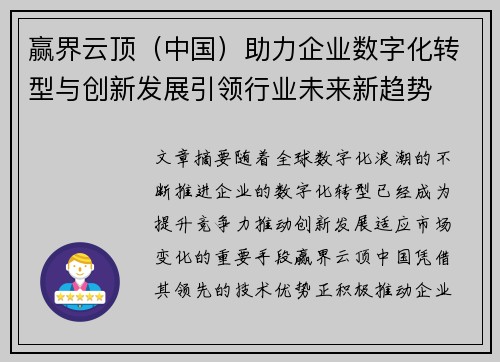 赢界云顶（中国）助力企业数字化转型与创新发展引领行业未来新趋势