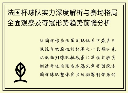 法国杯球队实力深度解析与赛场格局全面观察及夺冠形势趋势前瞻分析